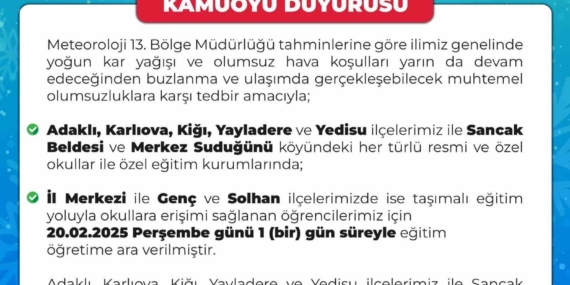 Bingöl'de Olumsuz Hava Koşulları Nedeniyle Okullara Kar Tatili Bingöl’de Olumsuz Hava Koşulları Nedeniyle Okullara Kar Tatili