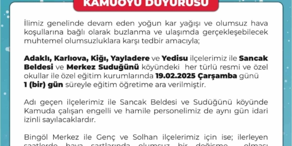 Bingöl'de Yoğun Kar Yağışı Nedeniyle Okullar Tatil Edildi Bingöl’de Yoğun Kar Yağışı Nedeniyle Okullar Tatil Edildi