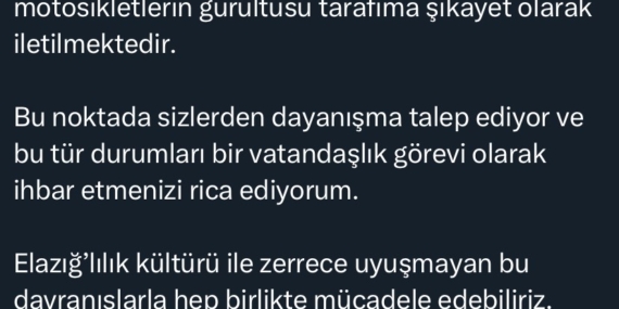 Elazığ Valisi'nden Abart Egzoz ve Gürültü Yapan Motosikletlere Dikkat Çağrısı Elazığ Valisi’nden Abart Egzoz ve Gürültü Yapan Motosikletlere Dikkat Çağrısı