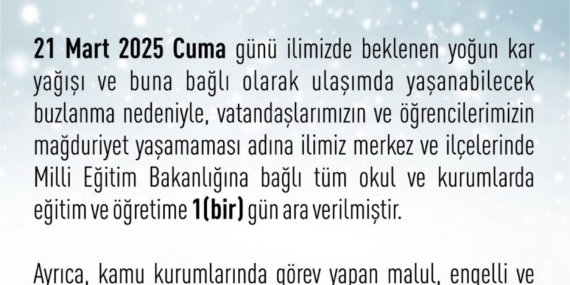 Elazığ’da eğitime 1 gün ara Elazığ’da eğitime 1 gün ara