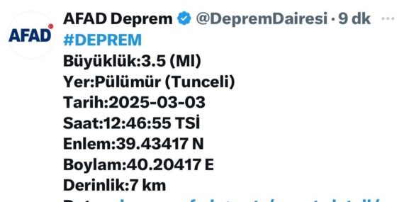 Tunceli'nin Pülümür İlçesinde 3.5 Büyüklüğünde Deprem Tunceli’nin Pülümür İlçesinde 3.5 Büyüklüğünde Deprem