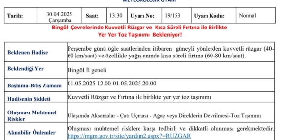 Bingöl'de Kuvvetli Rüzgar ve Fırtına Tehlikesine Dikkat! Bingöl’de Kuvvetli Rüzgar ve Fırtına Tehlikesine Dikkat!
