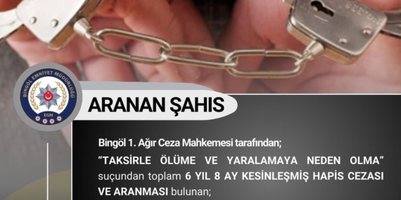 Bingöl'de 6 Yıl 8 Ay Kesinleşmiş Hapis Cezası Bulunan Şahıs Ele Geçirildi Bingöl’de 6 Yıl 8 Ay Kesinleşmiş Hapis Cezası Bulunan Şahıs Ele Geçirildi