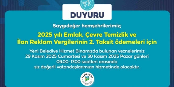 Yeşilyurt Belediyesi Vezneleri Hafta Sonu Hizmete Açılıyor