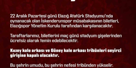 Elazığspor Yönetiminden Özel Hediye: İskenderunspor Maç Biletleri Ücretsiz!