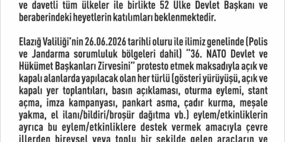 Elazığ’da 14 Gün Sürecek Eylem Yasağı Duyuruldu