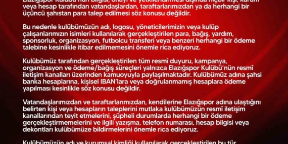 Elazığspor’dan Dolandırıcılık Olaylarına Karşı Uyarı